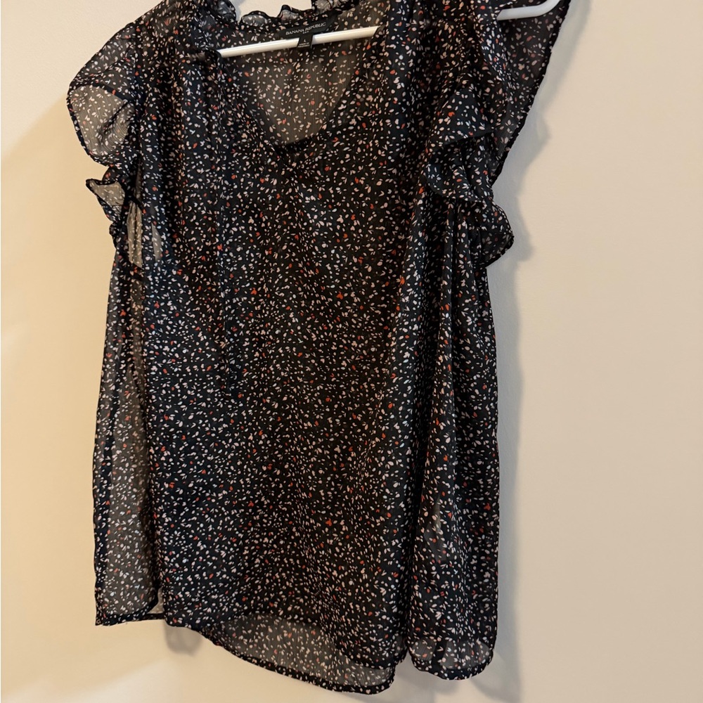 Sheer Flutter Sleeve Black Floral Print Blouse